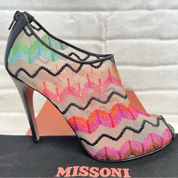 NIB Missoni Zig Zag Multicolor Embroidered Mesh Peep Toe Booties - Picture 9 of 13